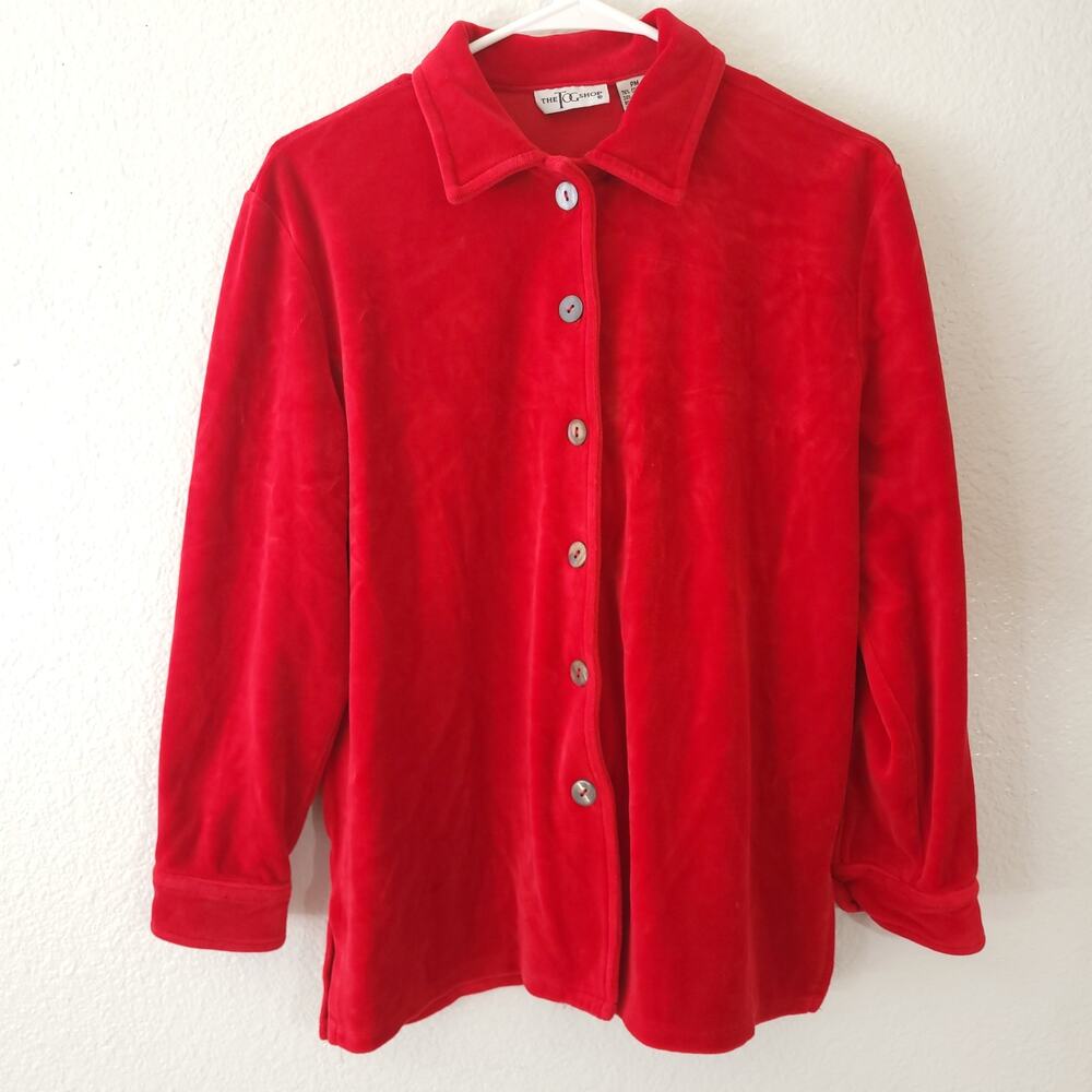 Vintage 90s Shirt The Tog Shop Womens Medium Petite Red Velour Stretch Button